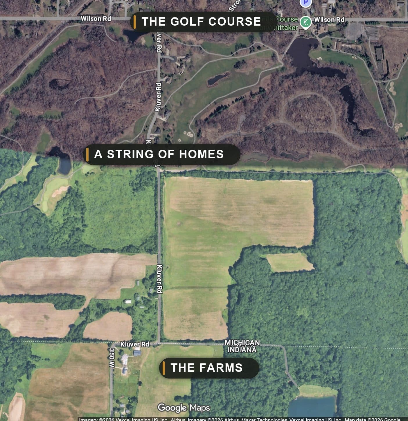 The parcel sits in a residential, golf, and farming neighborhood: the golf course to the north, a string of homes along Kluver Road, and working farms to the south.