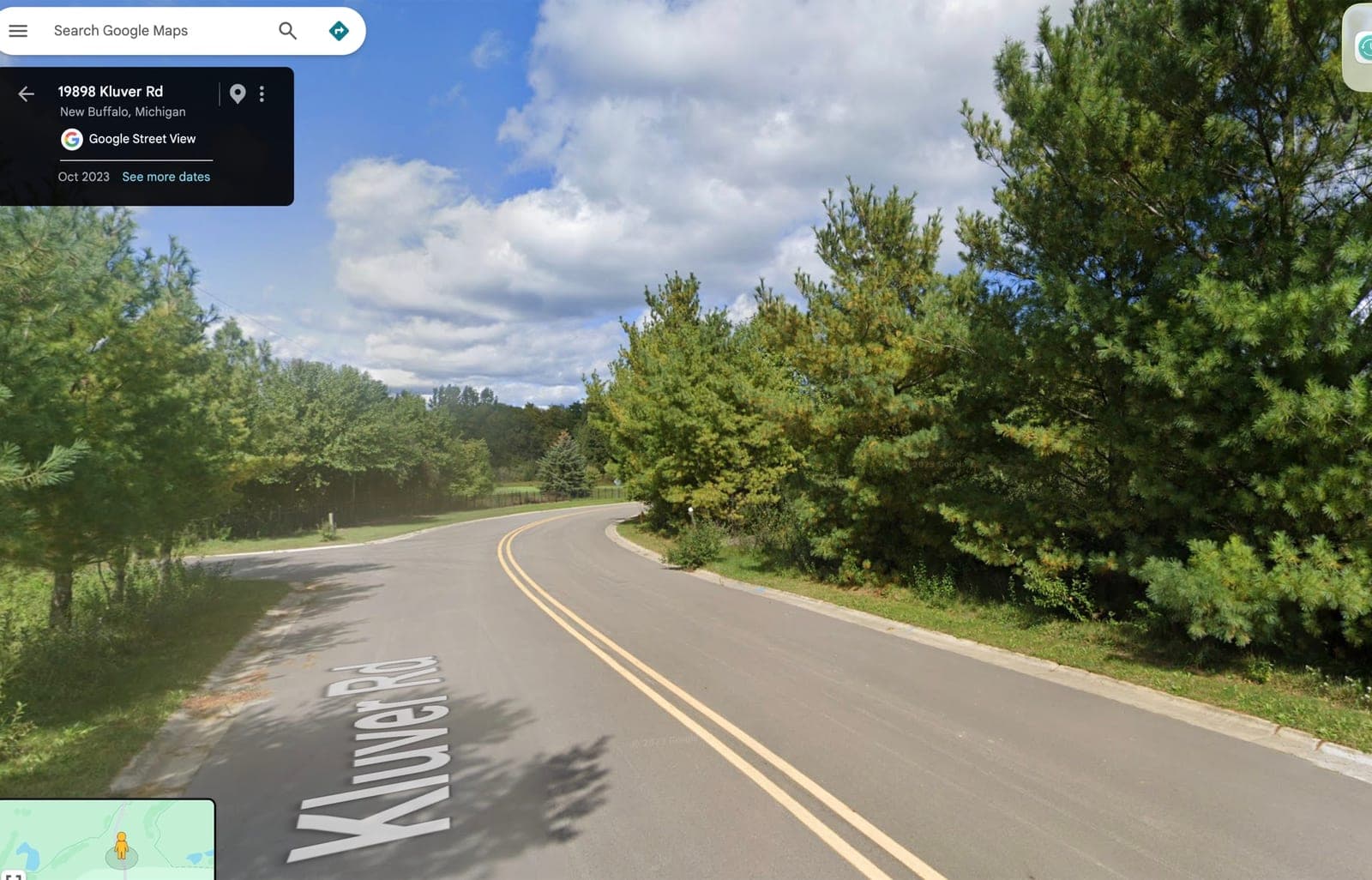The blind curve on Kluver Road where heavy trucks would meet golf carts and children.